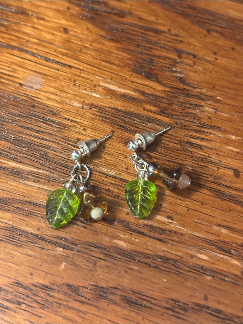 Green Leaf Dangle Earrings with Mixed Beads